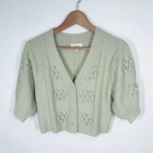Bohme Paola Cropped Short Sleeve Cardigan Sweater - Large Light Green Pompom